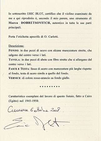 Eric Blotによるヴァイオリンの証明書