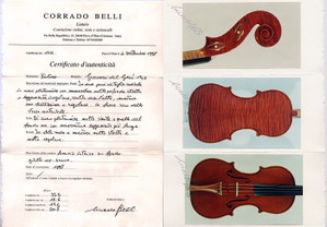 イタリア新作ヴァイオリン Corrado Belli の製作証明書
