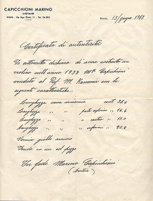 モダンイタリーヴァイオリンCapicchioniの自筆による証明書